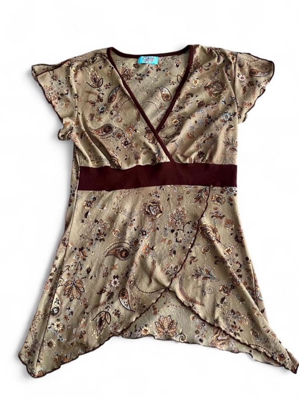 Brittany Black Y2K Floral Glitter Tunic Top Brown Teal Whimsigoth Goth (small)